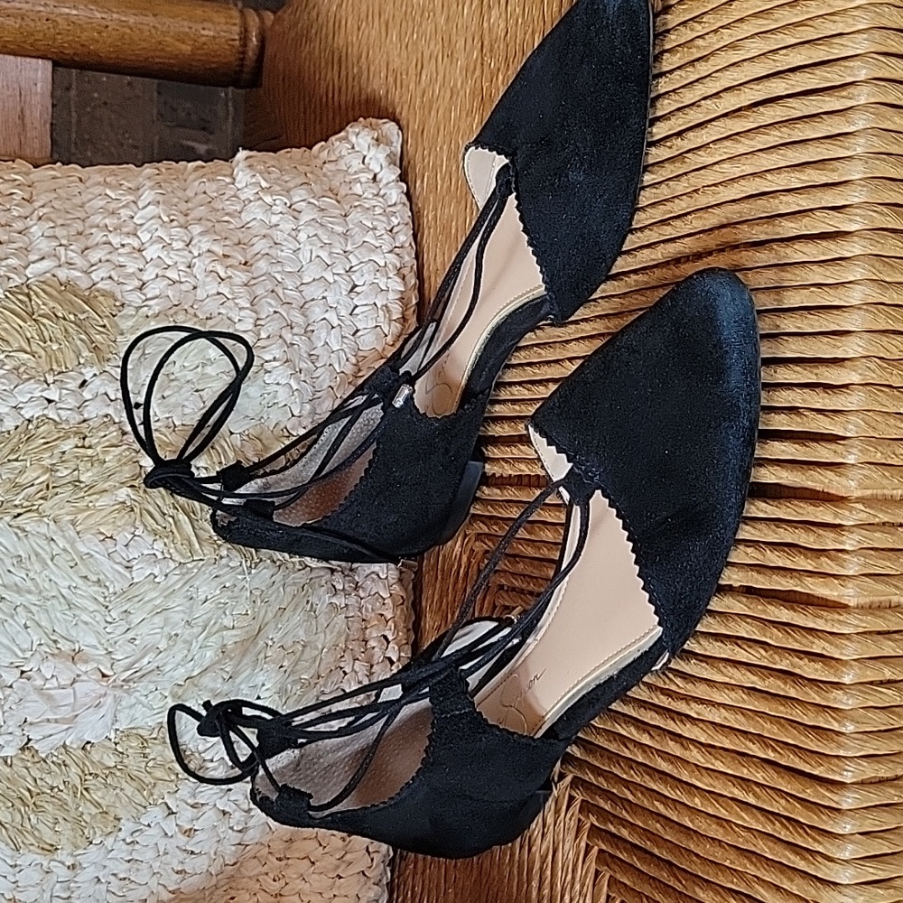 Jessica Simpson Zofie, ankle lace up, black suede flats, size 7